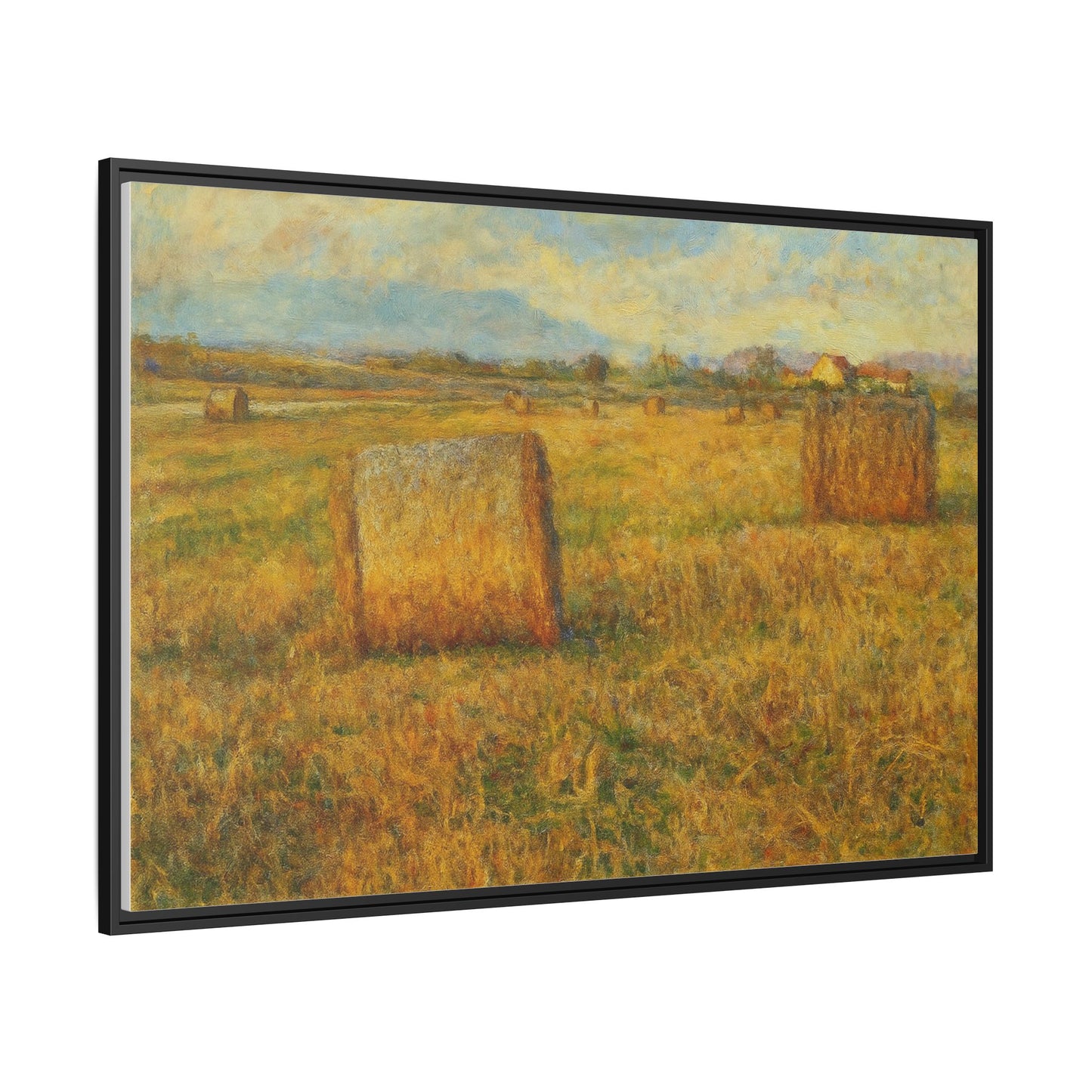 Framed matte canvas wall art featuring a rustic hayfield landscape print by Printify, showcasing natural rural scenery.