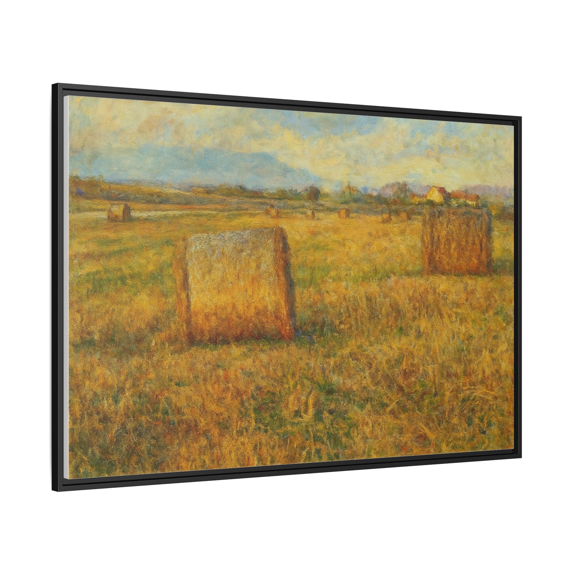 Framed matte canvas wall art featuring a rustic hayfield landscape print by Printify, showcasing natural rural scenery.