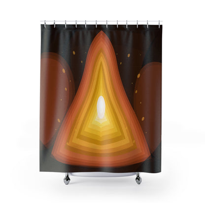 Layered flame geode shower curtain with abstract warm tones, showcasing vibrant orange, yellow, and red design for modern bathroom decor.