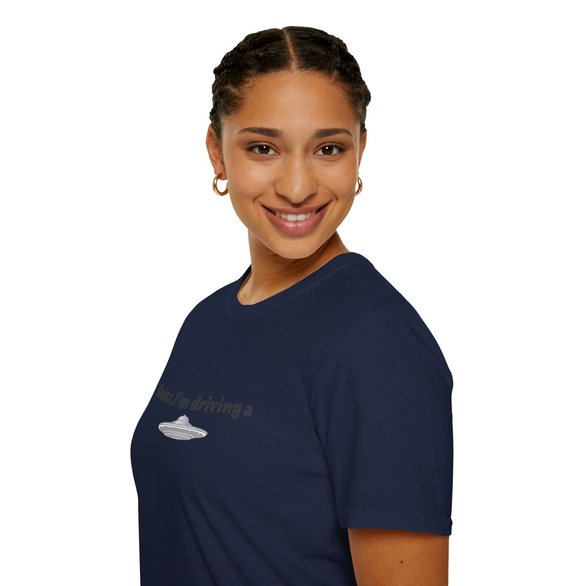 Funny alien graphic T-shirt from Printify featuring a UFO design, perfect for sci-fi fans and casual wear.