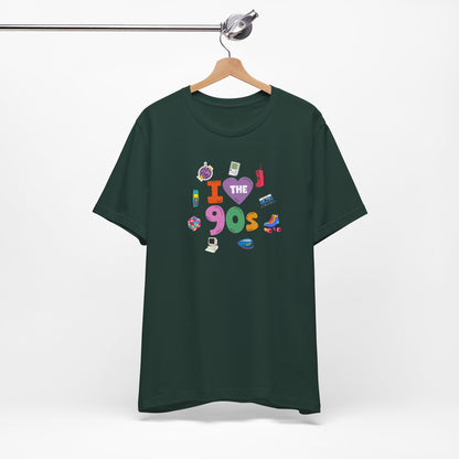 I  Love the 90's Short Sleeve Tee - Retro Graphic Tee, Vintage Style Shirt, Perfect for Casual Outings, 90s Nostalgia Apparel