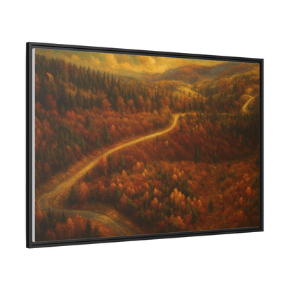 Framed matte canvas print of autumn forest road landscape wall art by Printify, showcasing vibrant fall trees and nature scene.
