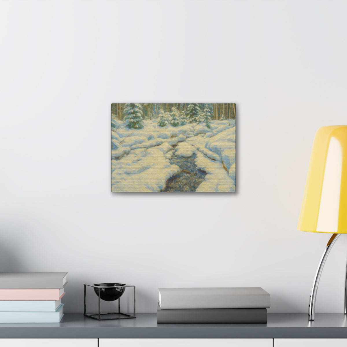 Snowy forest stream winter landscape canvas wall art by Printify, depicting a serene snow-covered forest scene on stretched canvas.