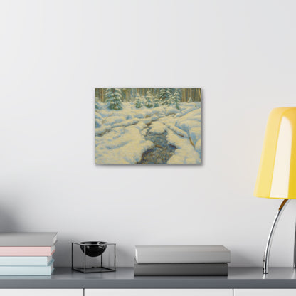 Snowy forest stream winter landscape canvas wall art by Printify, depicting a serene snow-covered forest scene on stretched canvas.