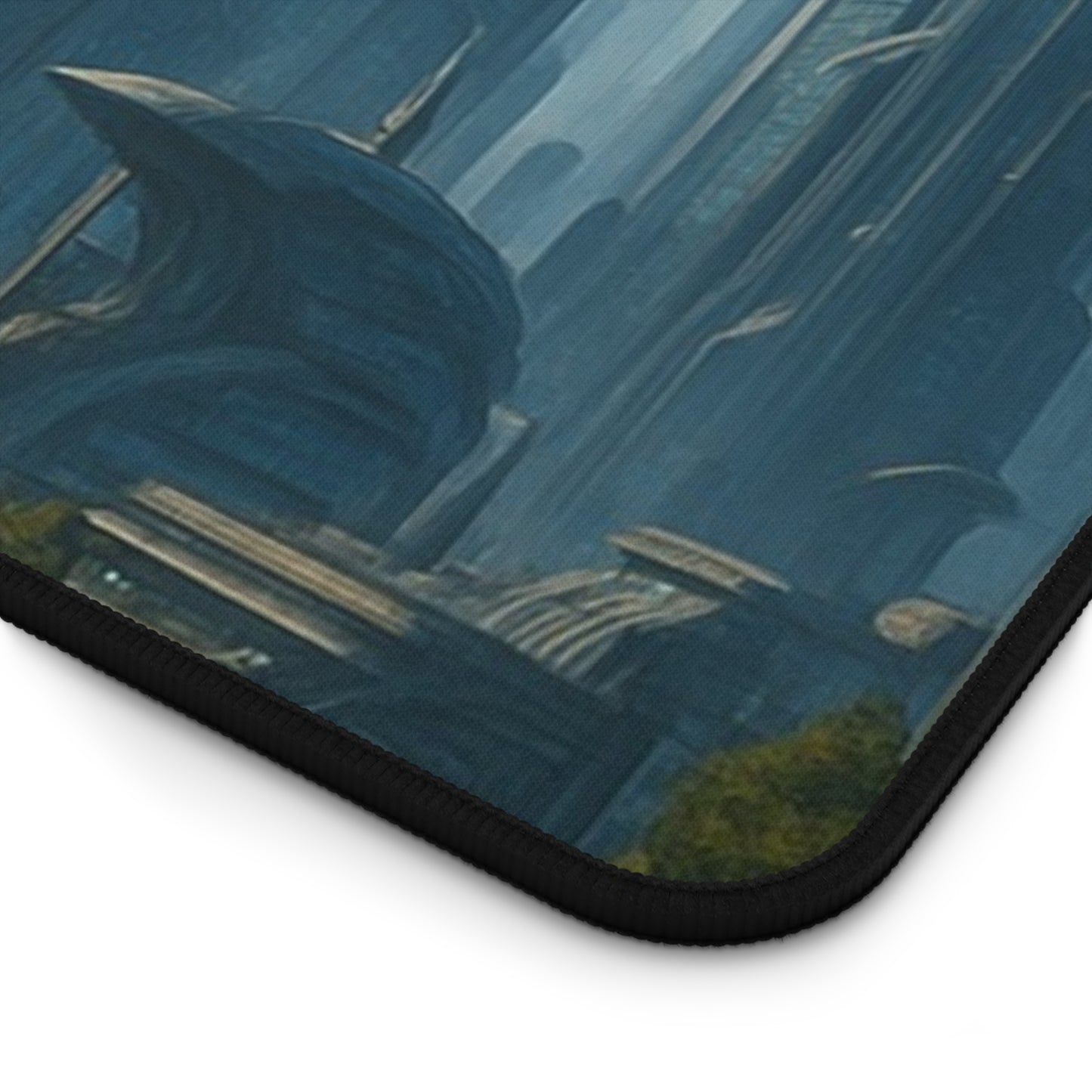 Futuristic cityscape desk mat with sci-fi skyline design, featuring vibrant neon lights on a smooth mousepad surface.