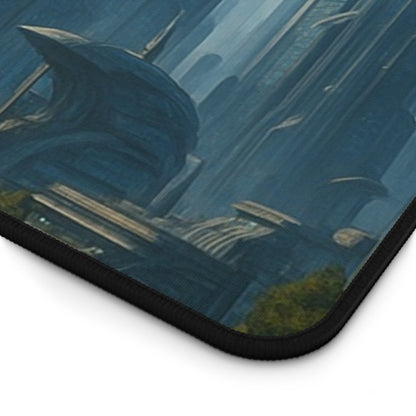 Futuristic cityscape desk mat with sci-fi skyline design, featuring vibrant neon lights on a smooth mousepad surface.