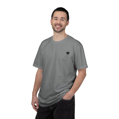Black T-shirt with a minimalist white finger heart graphic, featuring a small black heart on the chest, by Printify.