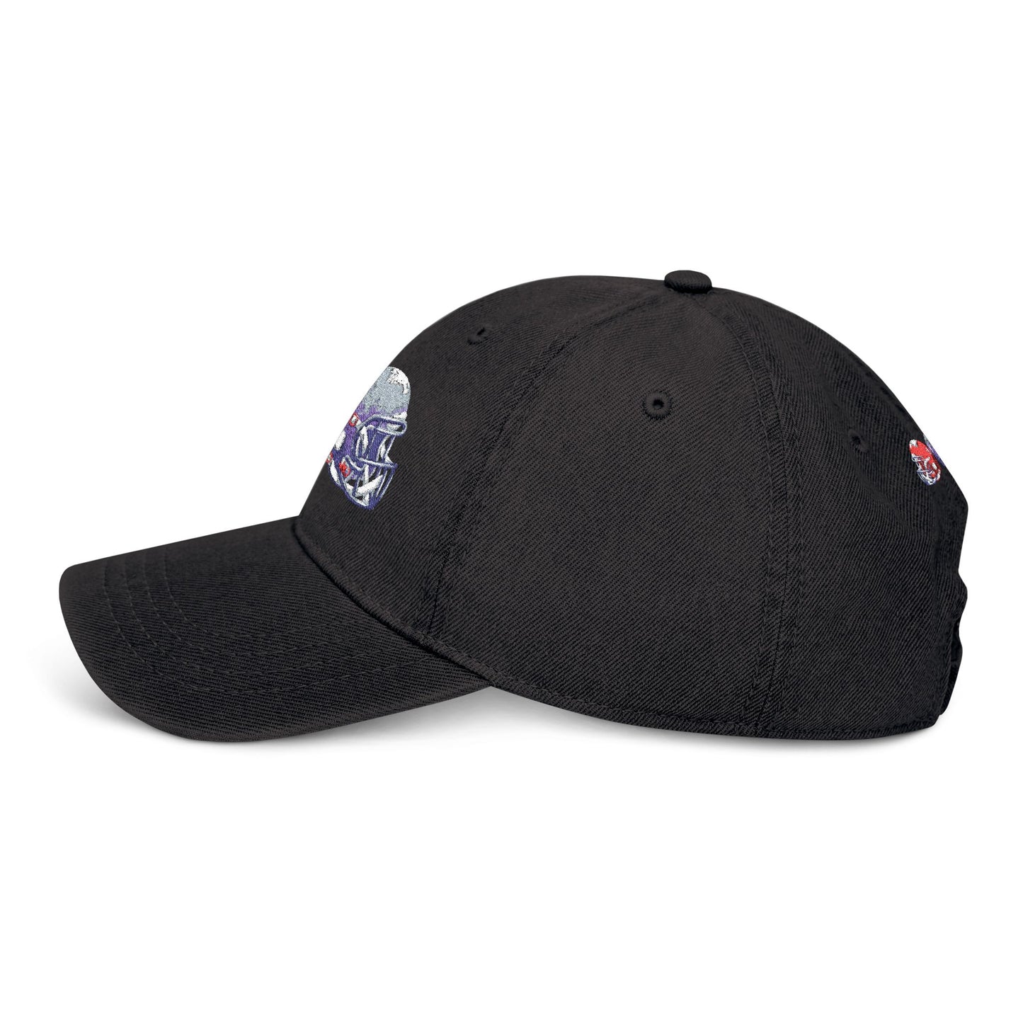 Red and blue embroidered football helmets denim hat with team cap design by Printify, stylish casual hat for sports fans.