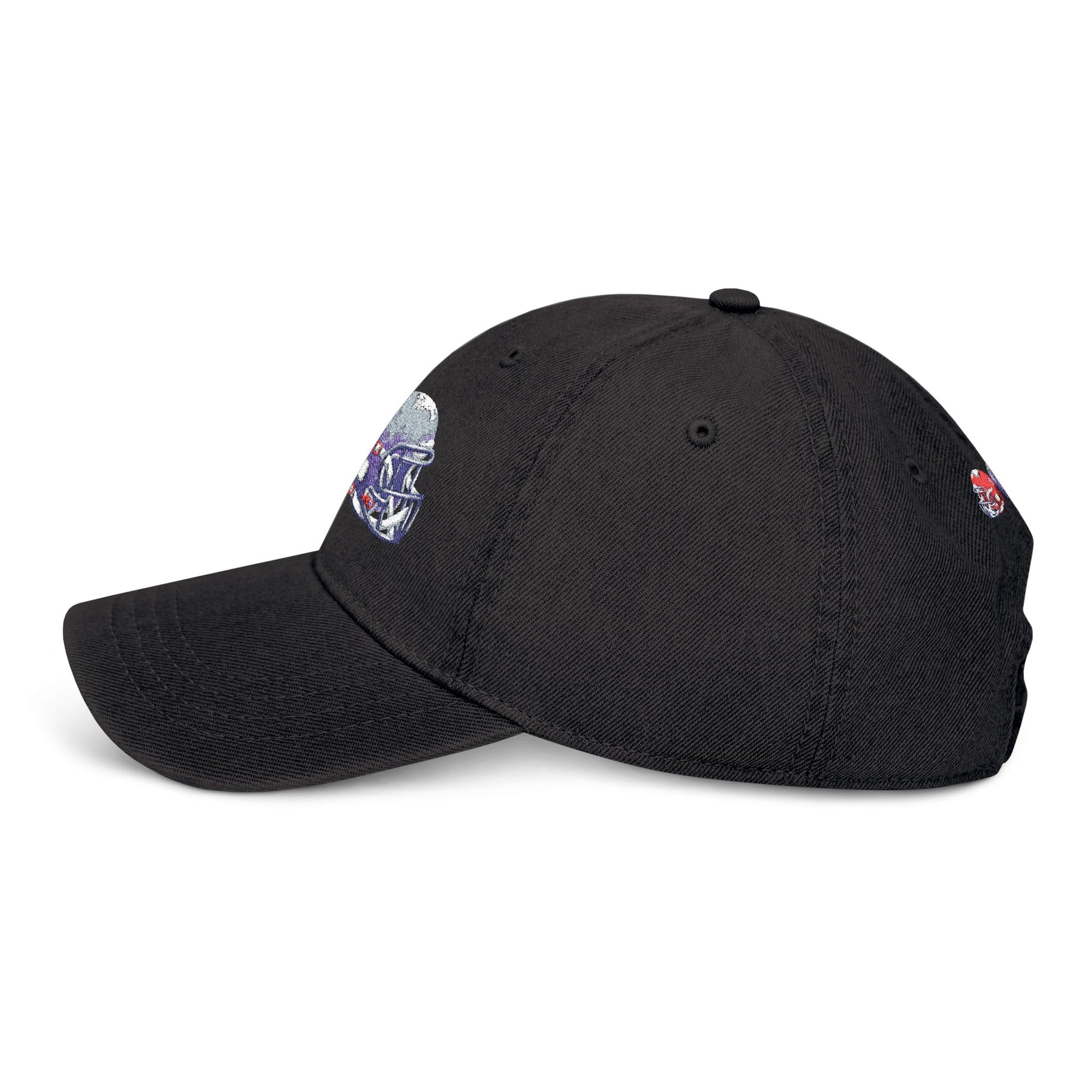 Red and blue embroidered football helmets denim hat with team cap design by Printify, stylish casual hat for sports fans.
