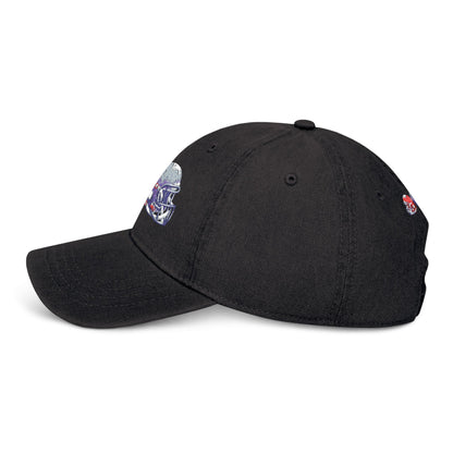 Red and blue embroidered football helmets denim hat with team cap design by Printify, stylish casual hat for sports fans.