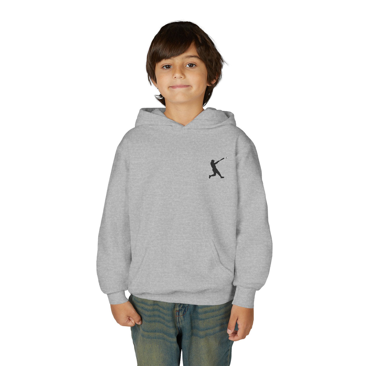 Youth baseball silhouette hoodie for kids, featuring a baseball player graphic on a comfortable pullover sweatshirt by Printify.