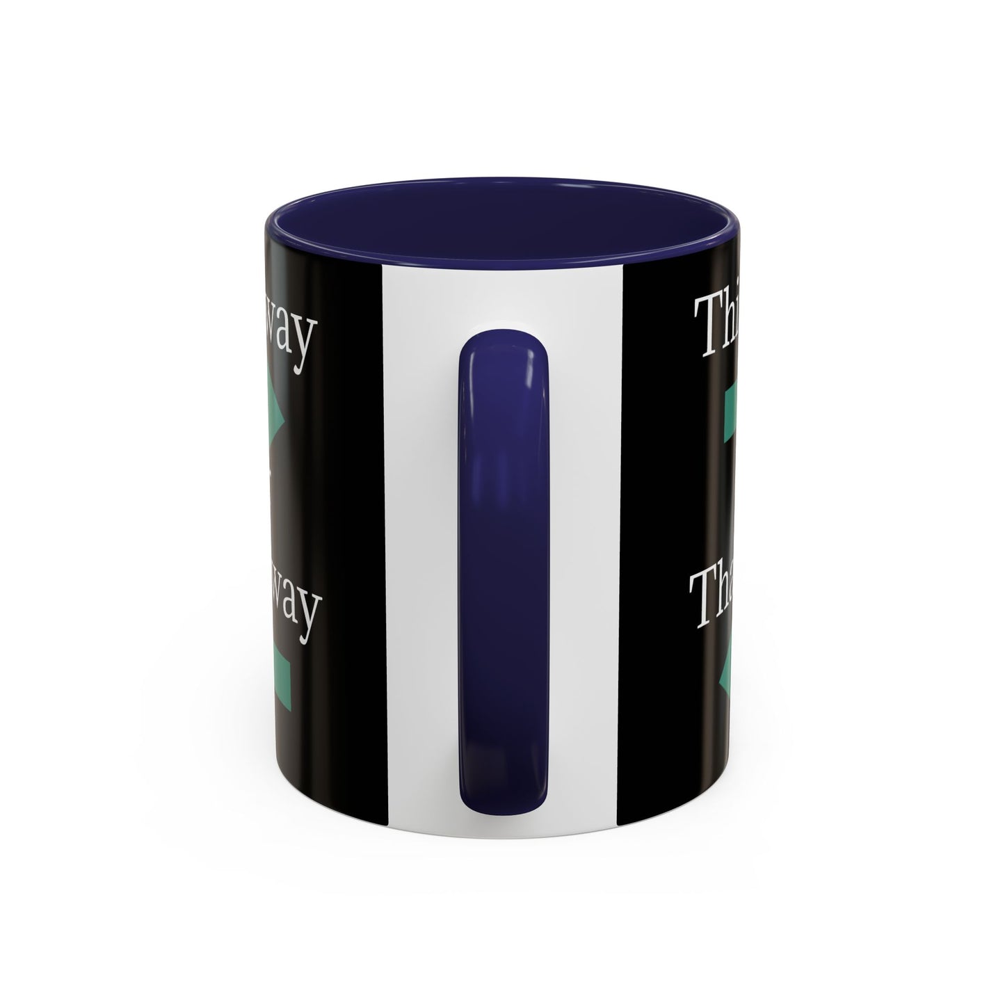 Ceramic coffee mug with "This Way or That Way" arrow design in 11oz or 15oz sizes, featuring a printed graphic on white ceramic.