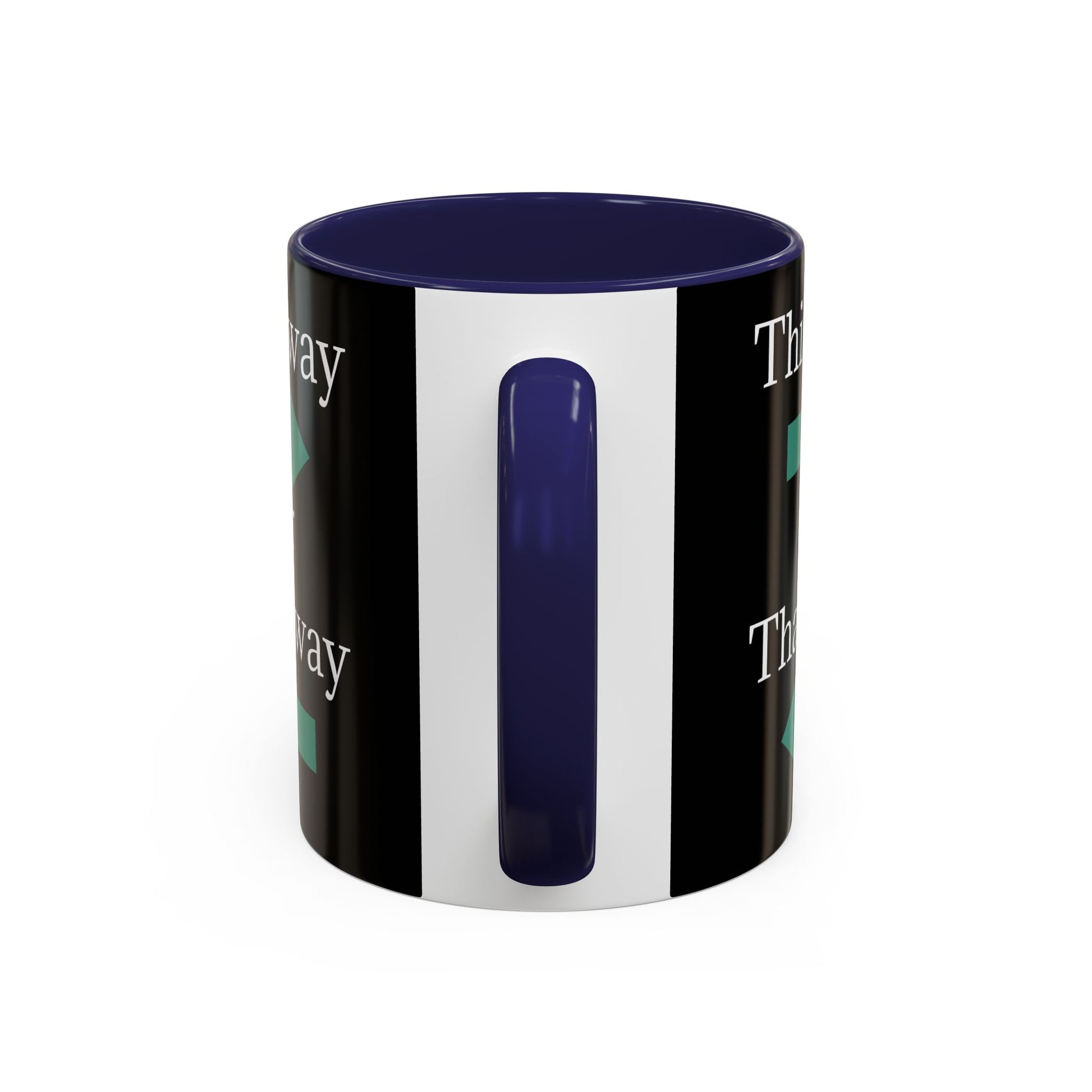 Ceramic coffee mug with "This Way or That Way" arrow design in 11oz or 15oz sizes, featuring a printed graphic on white ceramic.