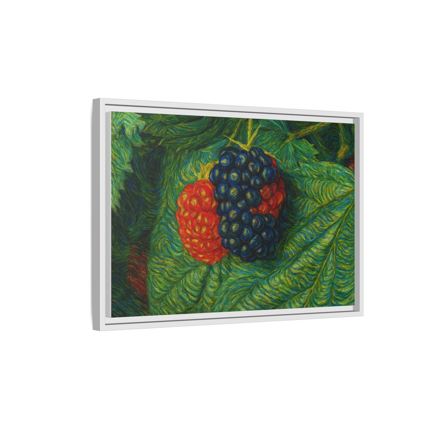 Blackberry still life framed canvas print by Printify, featuring a detailed image of ripe blackberries in a natural setting.