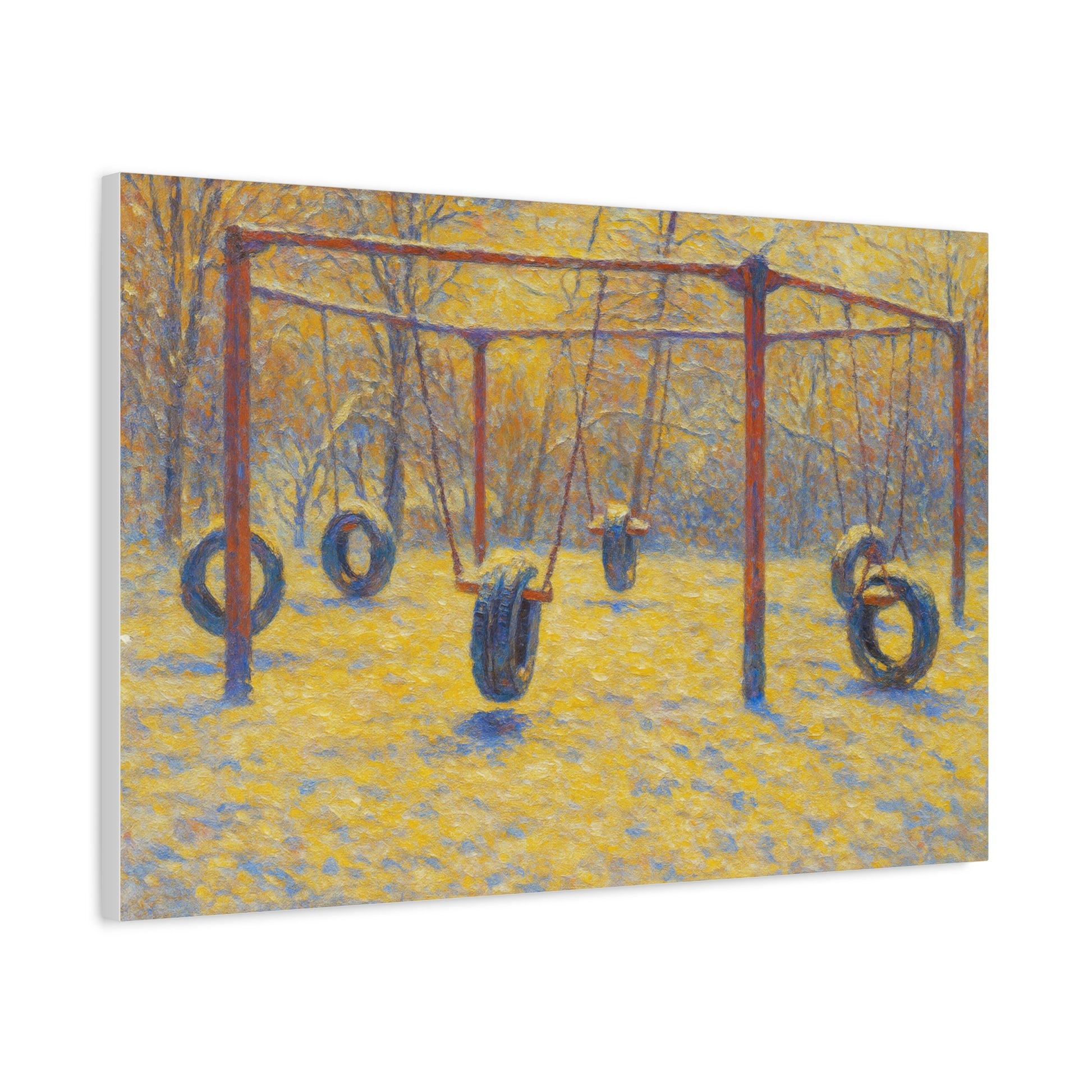 Matte stretched canvas wall art of a tire swing playground scene, designed for home or playground decor, by Printify.