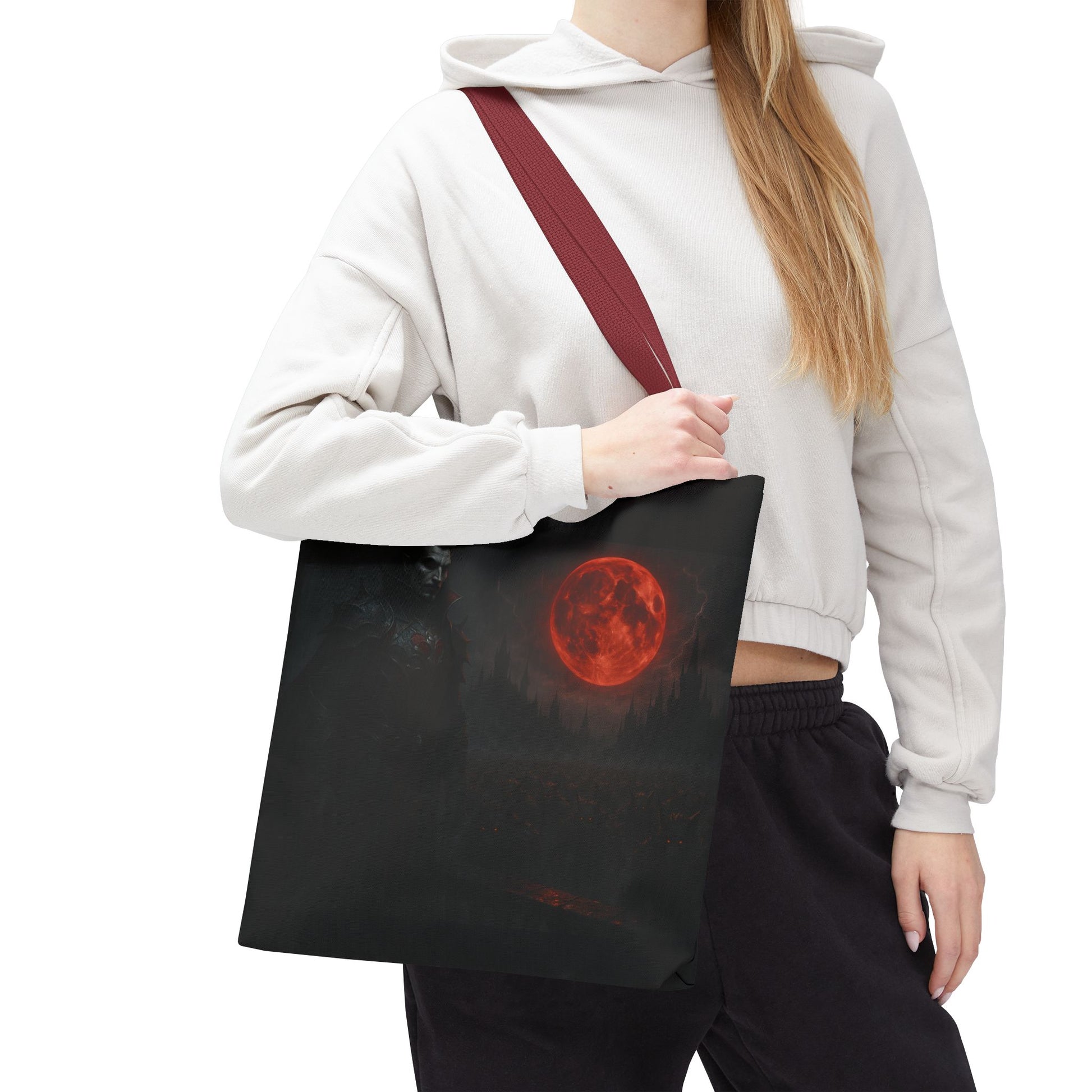 Gothic Dracula tote bag featuring moonlit vampire art, perfect for Halloween, by Printify, with a detailed vampire design on the bag.