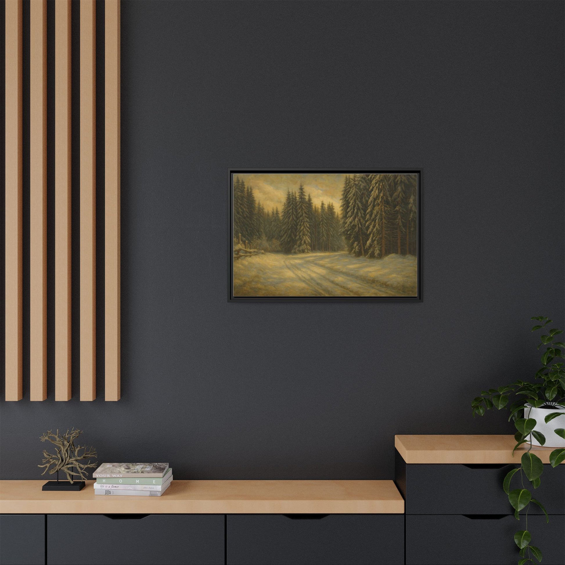 Framed matte canvas wall art featuring a winter forest landscape with trees and snow, by Printify.