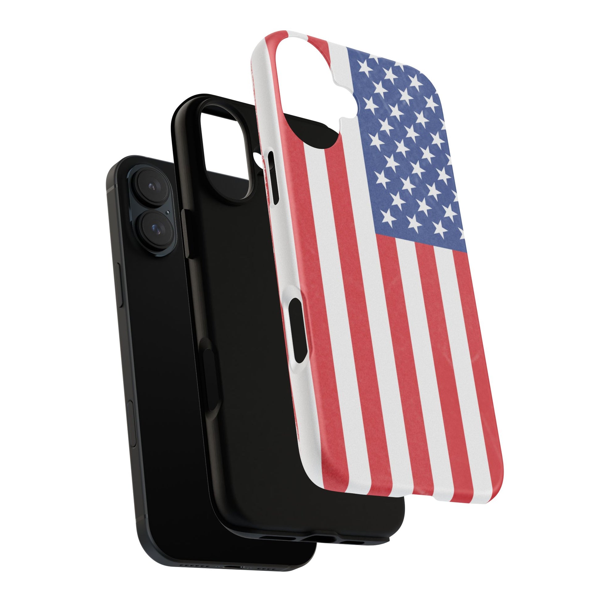 American flag tough phone case for iPhone, durable patriotic cover with bold flag design, by Printify.