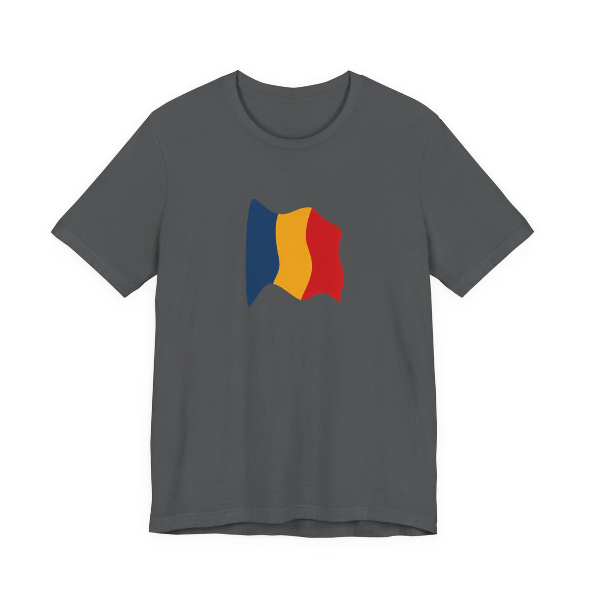 White Romania flag T-shirt with a minimal waving tricolor design, made by Printify, displayed flat on a white background.