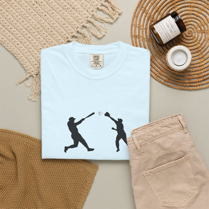Black baseball silhouette graphic T-shirt for men, featuring minimal baseball player design by Printify.