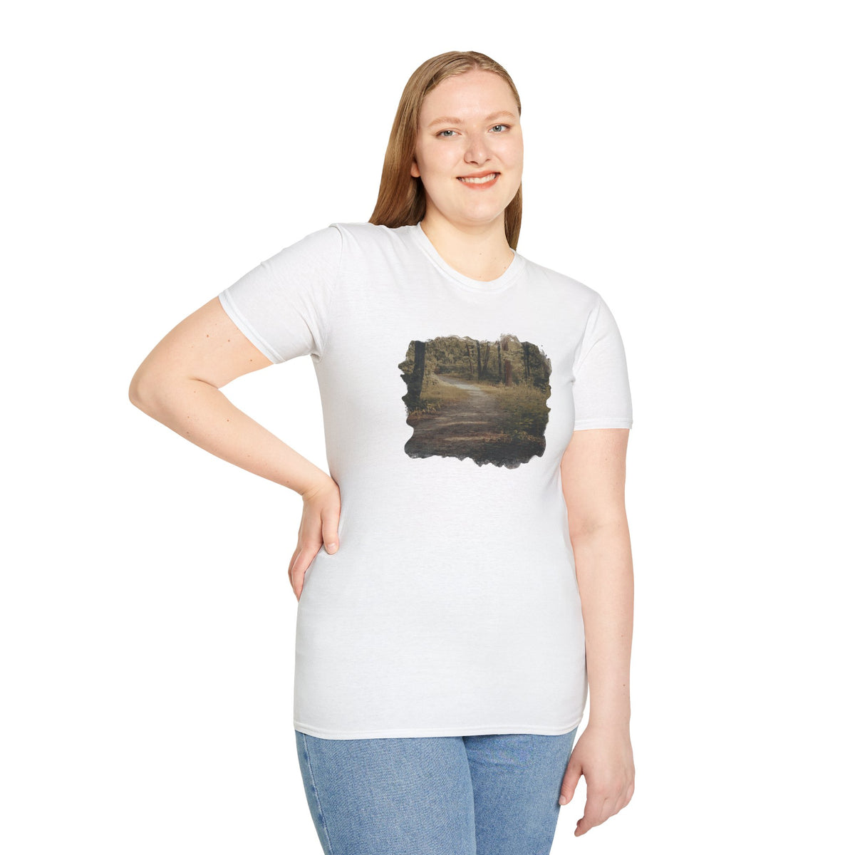 Vintage forest landscape T-shirt by Printify featuring a nature pathway design on soft fabric.