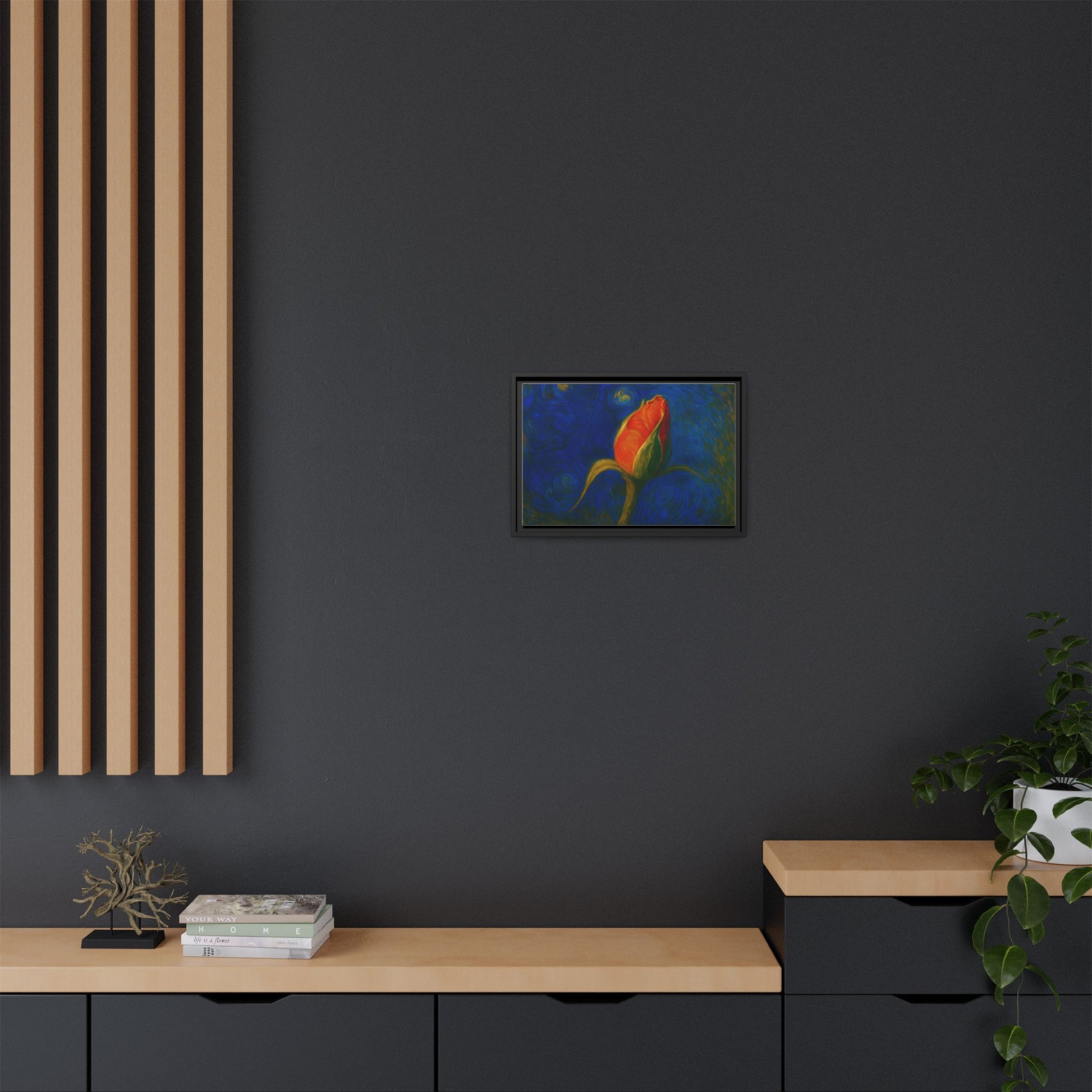 Red rose bud painting on framed canvas, matte wall art by Printify showcasing vibrant floral artwork.