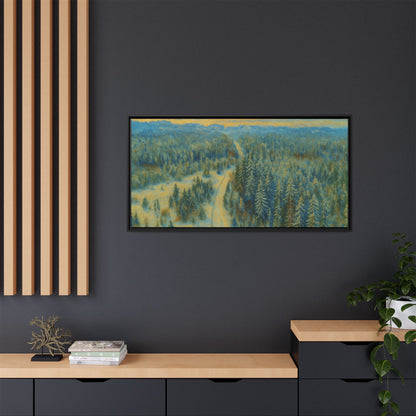 Framed matte canvas print of a serene winter forest landscape by Printify, showcasing snow-covered trees and tranquil scenery.
