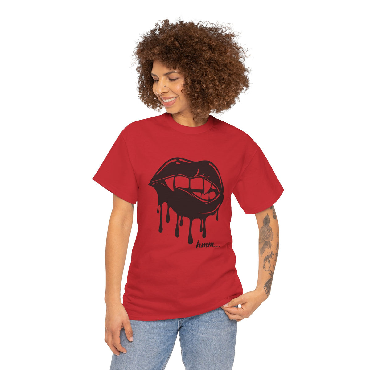 Black graphic T-shirt by Printify featuring a dripping lips 'hmm...' bite design on the front.