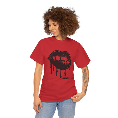 Black graphic T-shirt by Printify featuring a dripping lips 'hmm...' bite design on the front.