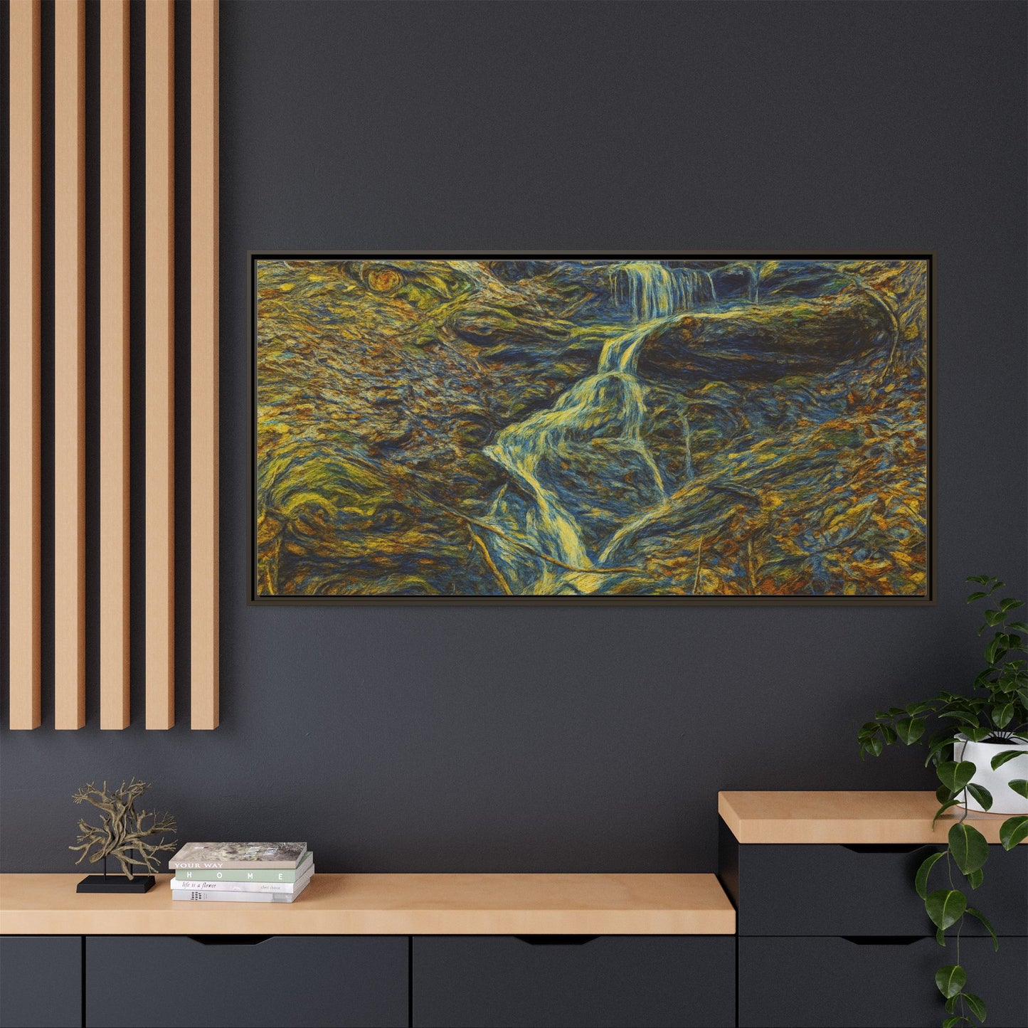 Framed matte canvas wall art depicting an autumn forest with a waterfall, showcasing vibrant fall foliage and natural scenery.