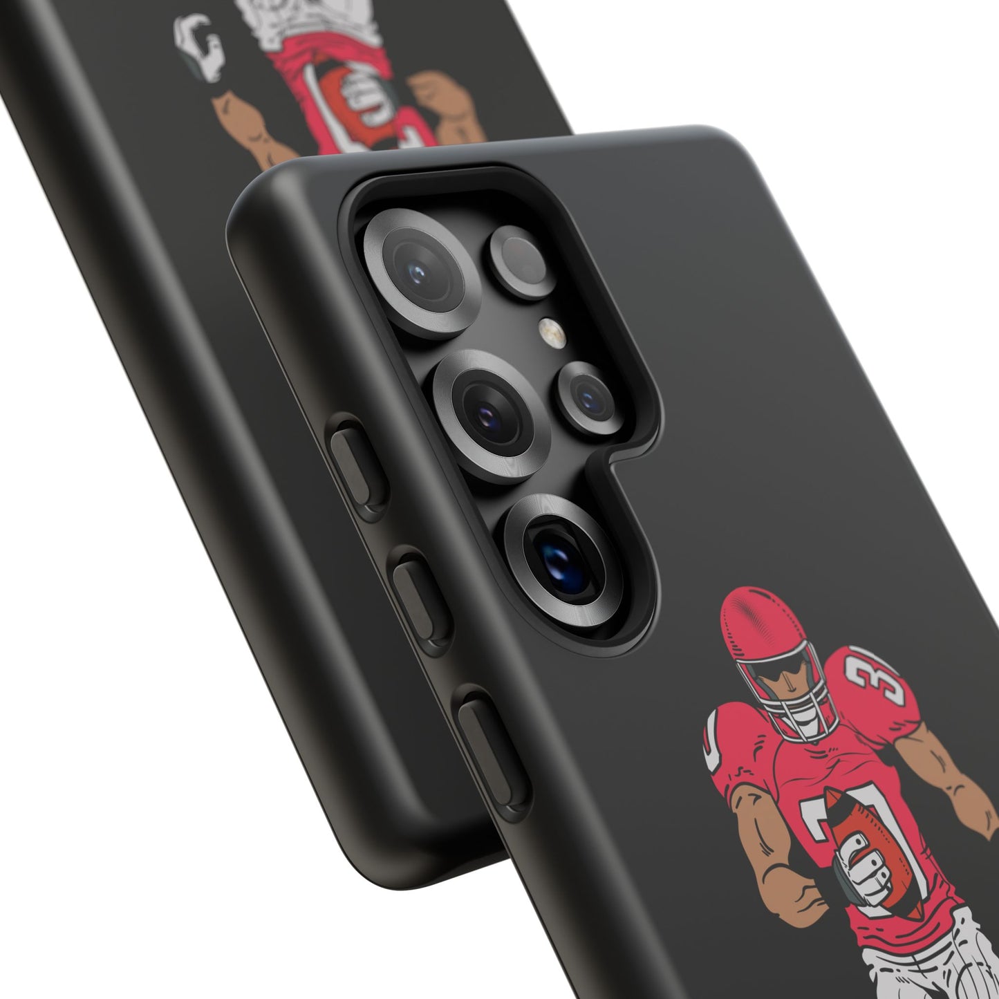 Black football player tough phone case for iPhone, with protective sports design by Printify, showcasing a dynamic sports scene.