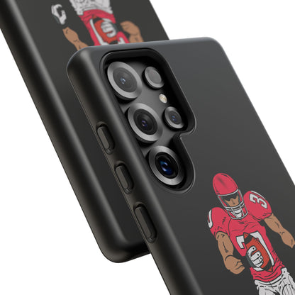 Black football player tough phone case for iPhone, with protective sports design by Printify, showcasing a dynamic sports scene.