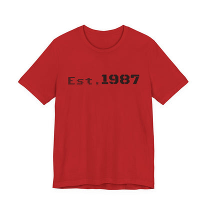 Vintage Est. 1987 T-Shirt by Printify featuring retro Born 1987 design on soft cotton fabric.