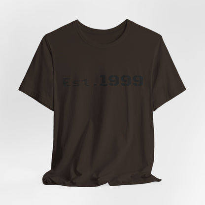 Vintage minimalist Est. 1999 T-shirt in black with white print, featuring a simple birth year design, by Printify.
