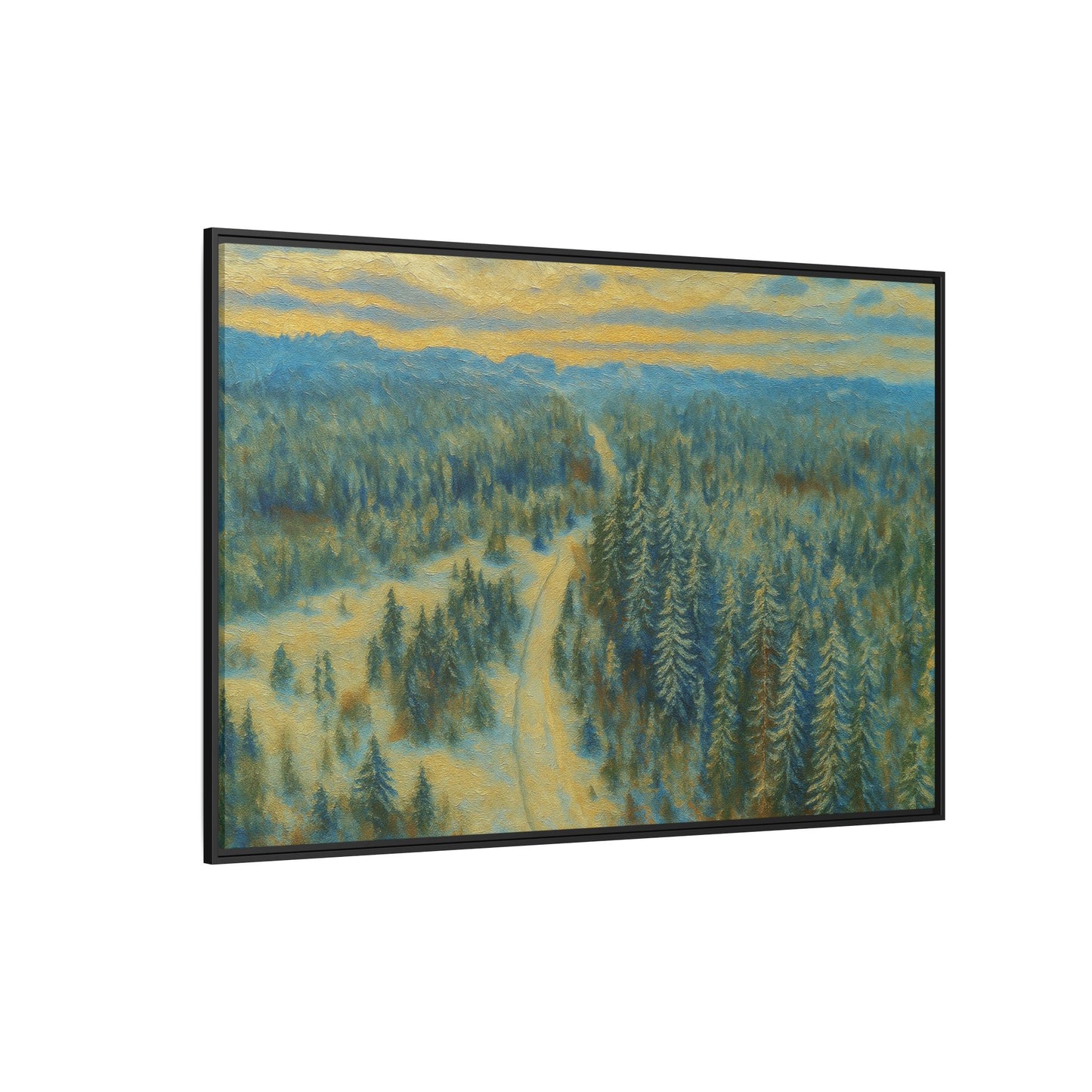 Framed matte canvas print of a serene winter forest landscape, showcasing a peaceful snowy scene by Printify.