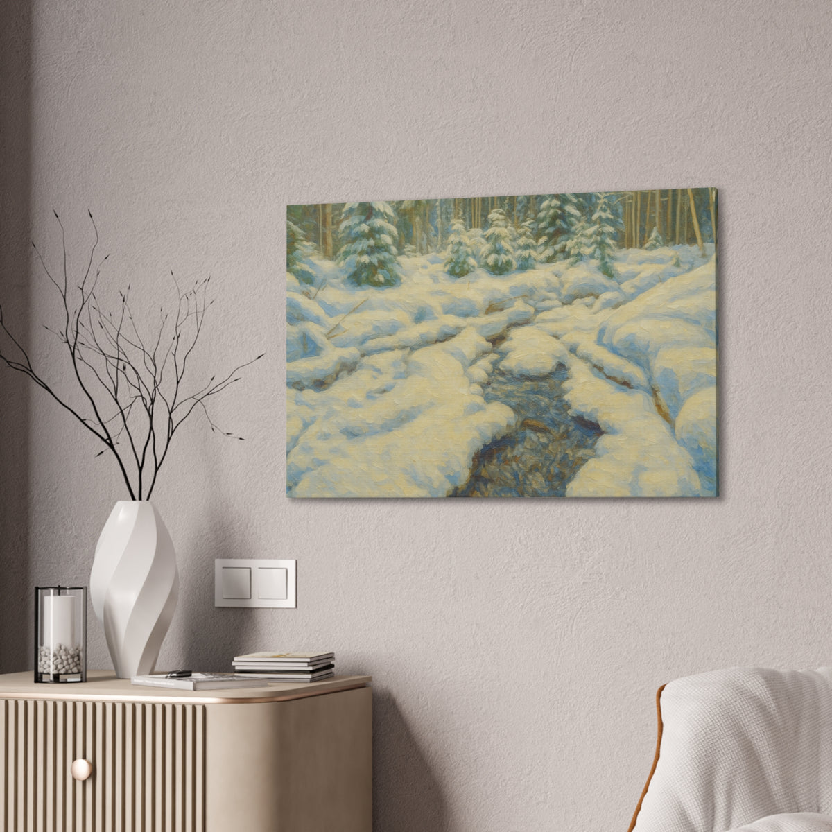 Snowy forest stream winter landscape canvas wall art by Printify showing a serene snowy forest scene on stretched canvas