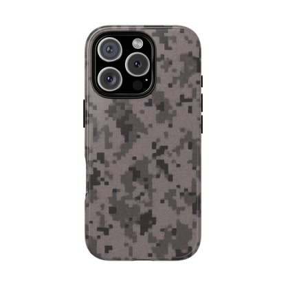 Gray digital camo phone case by Printify, tough protective cover designed for smartphones with camouflage pattern.