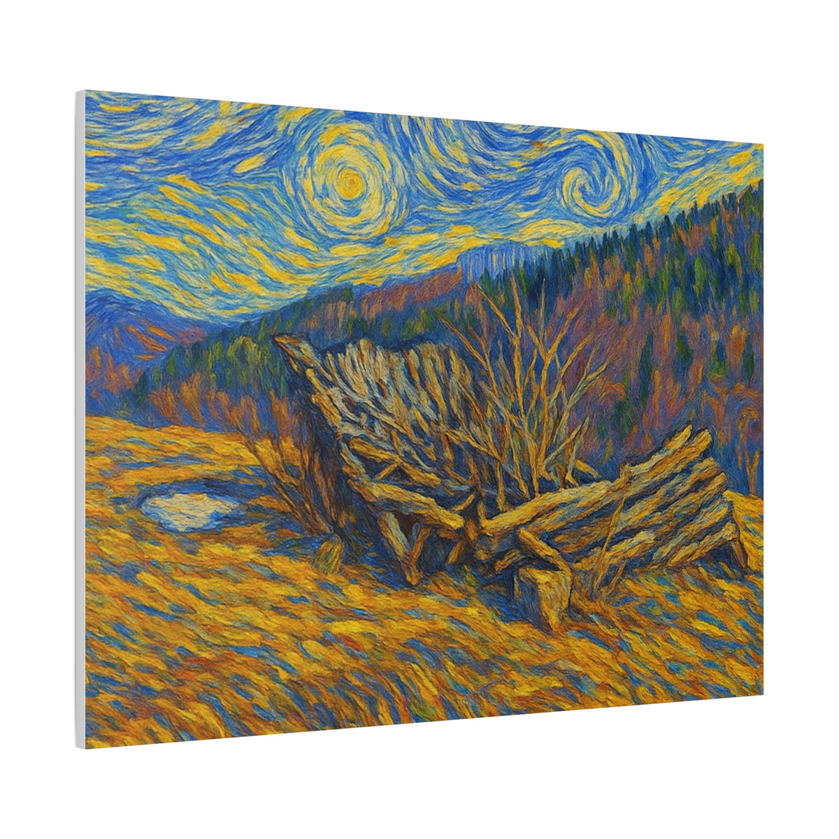 Impressionist Starry Landscape canvas print by Printify featuring a vibrant night sky with stars and a serene landscape scene.