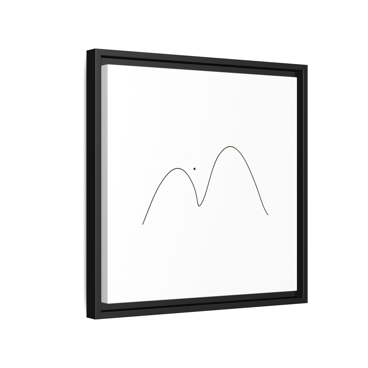 Framed matte canvas featuring minimalist mountain line art by Printify, showcasing simple black mountain peaks on a white background.