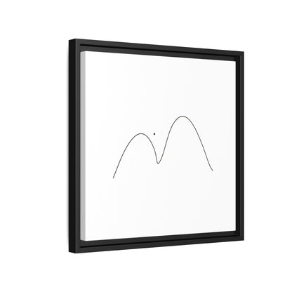 Framed matte canvas featuring minimalist mountain line art by Printify, showcasing simple black mountain peaks on a white background.