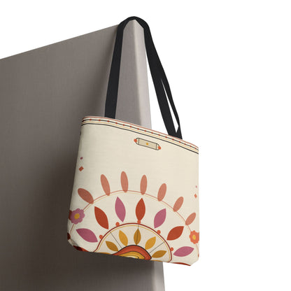 Boho floral mandala tote bag with pastel sunburst pattern, featuring vibrant bohemian floral and mandala designs on a spacious bag.