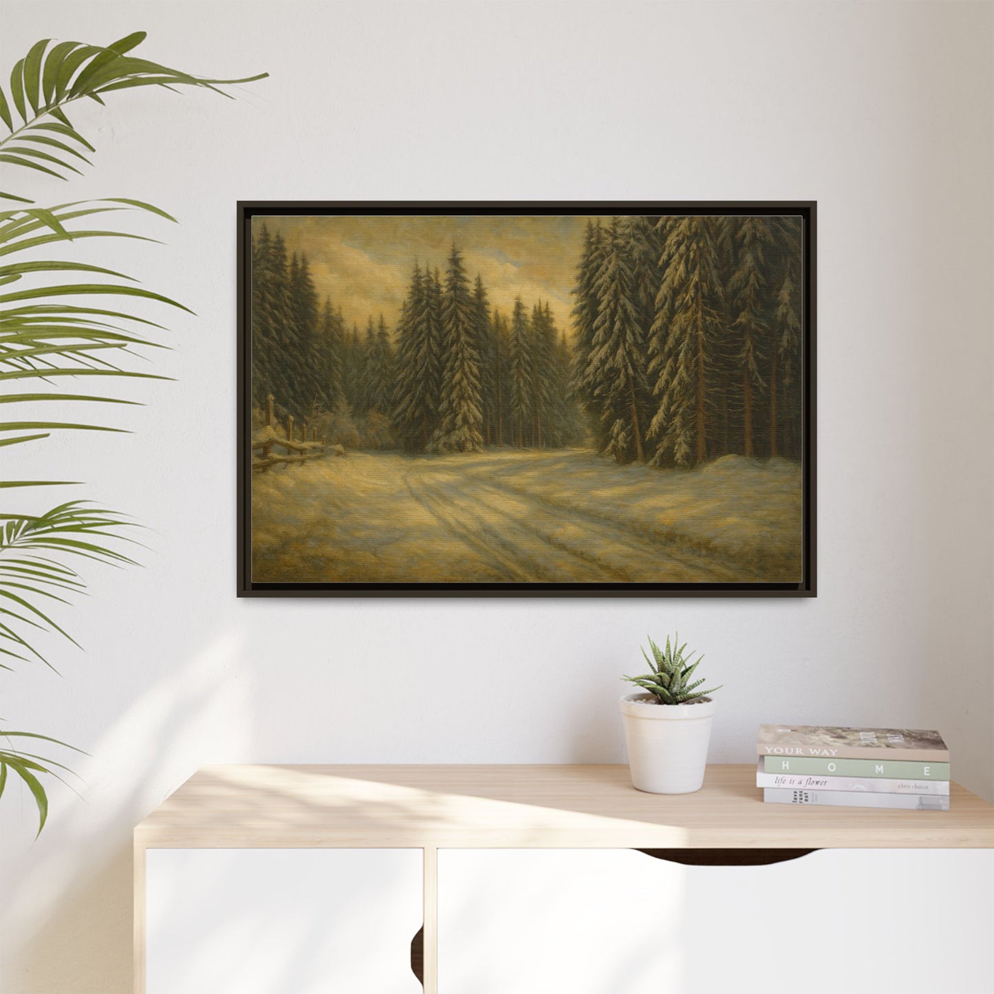 Framed matte canvas wall art featuring a winter forest landscape with trees and snow, by Printify.