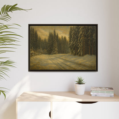 Framed matte canvas wall art featuring a winter forest landscape with trees and snow, by Printify.