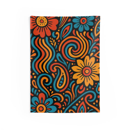 Boho floral tapestry wall hanging with retro swirl design in orange, teal, and yellow, by Printify.