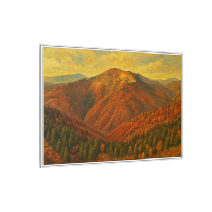 Autumn mountain matte canvas framed wall art by Printify showing a scenic mountain landscape in warm tones.