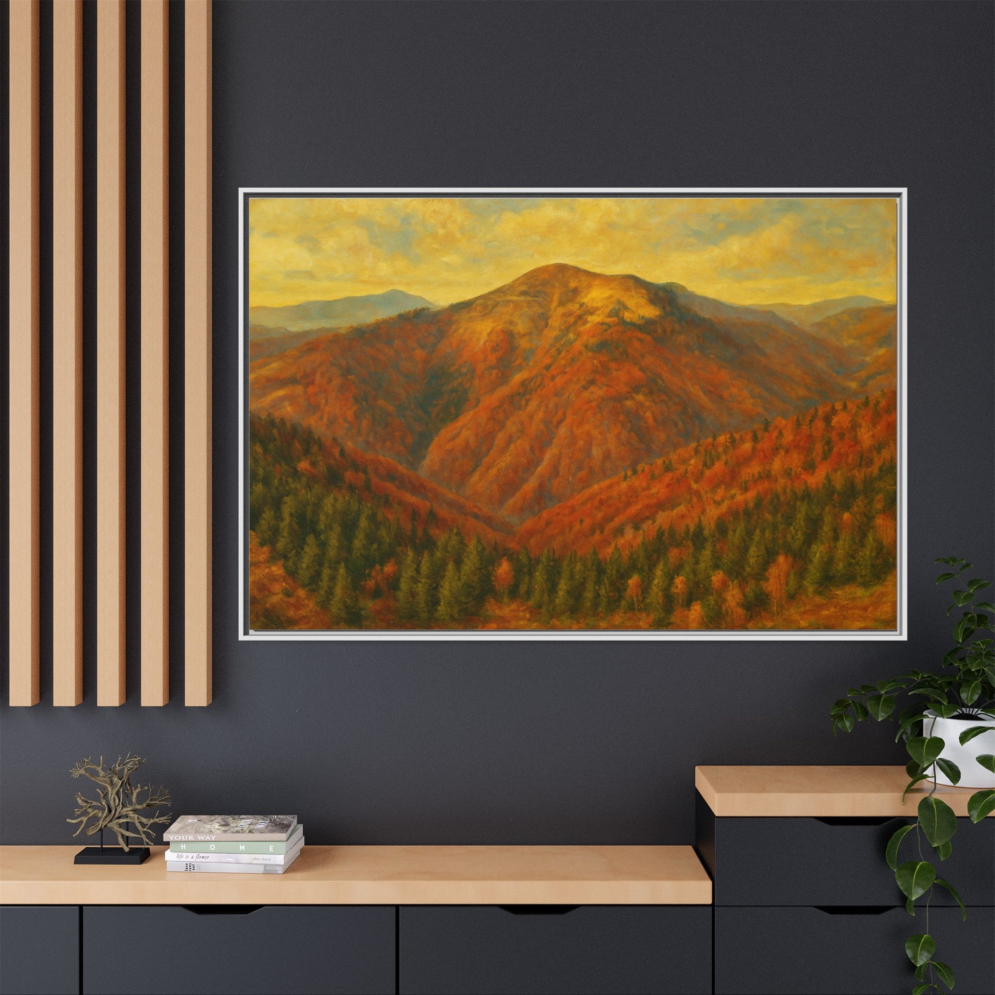 Autumn mountain matte canvas framed wall art by Printify showing a scenic mountain landscape in warm autumn colors