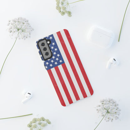 American flag tough phone case for iPhone and Samsung, patriotic protective cover with bold flag design by Printify.