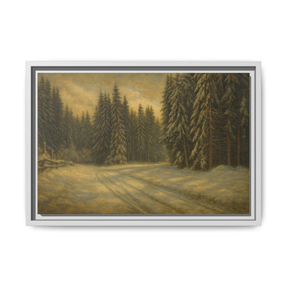 Framed matte canvas of a winter forest landscape wall art by Printify, featuring snow-covered trees and serene winter scenery.