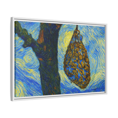 Framed matte canvas art of a starry nut cluster featuring dried plum in a tree, by Printify, showcasing detailed botanical imagery.