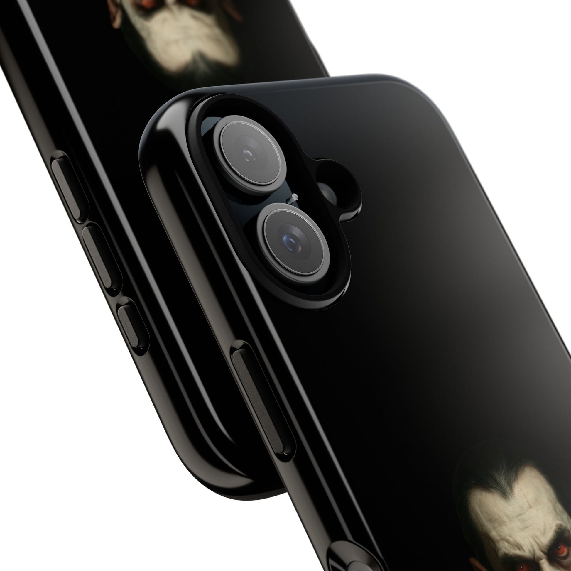 Gothic vampire portrait phone case for iPhone featuring a Dracula horror design, made by Printify.